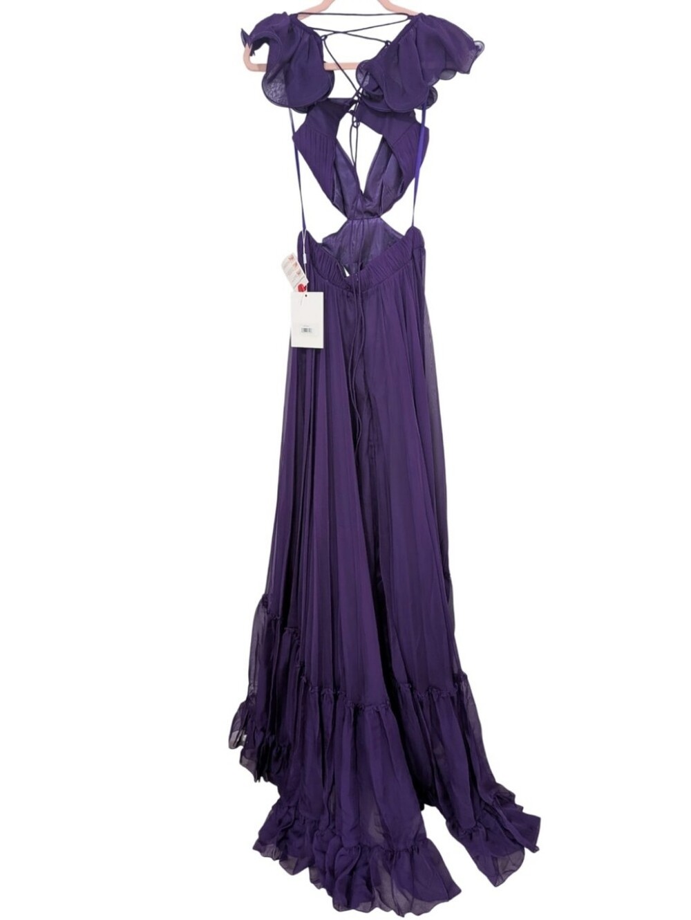 Mac Duggal 70254 Purple Ruched Ruffled Shoulder Cut Out Lace Up Gown 4 NWT Prom - Picture 9 of 13